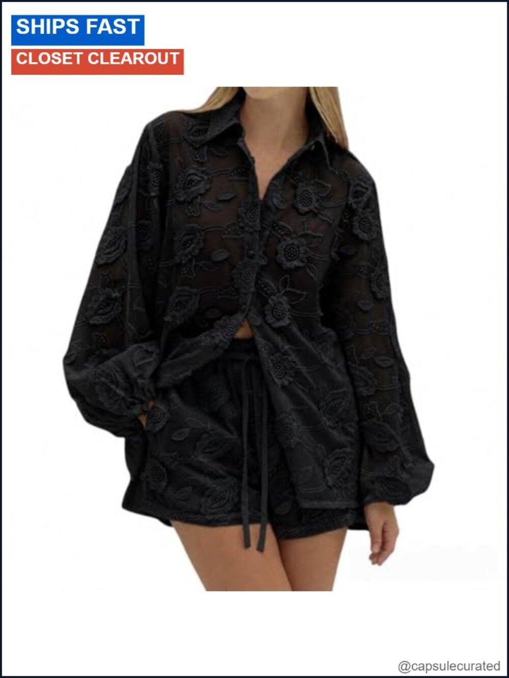 Women's Lace 2 Piece Outfit Floral Long Sleeve Button Down Shirt & Shorts